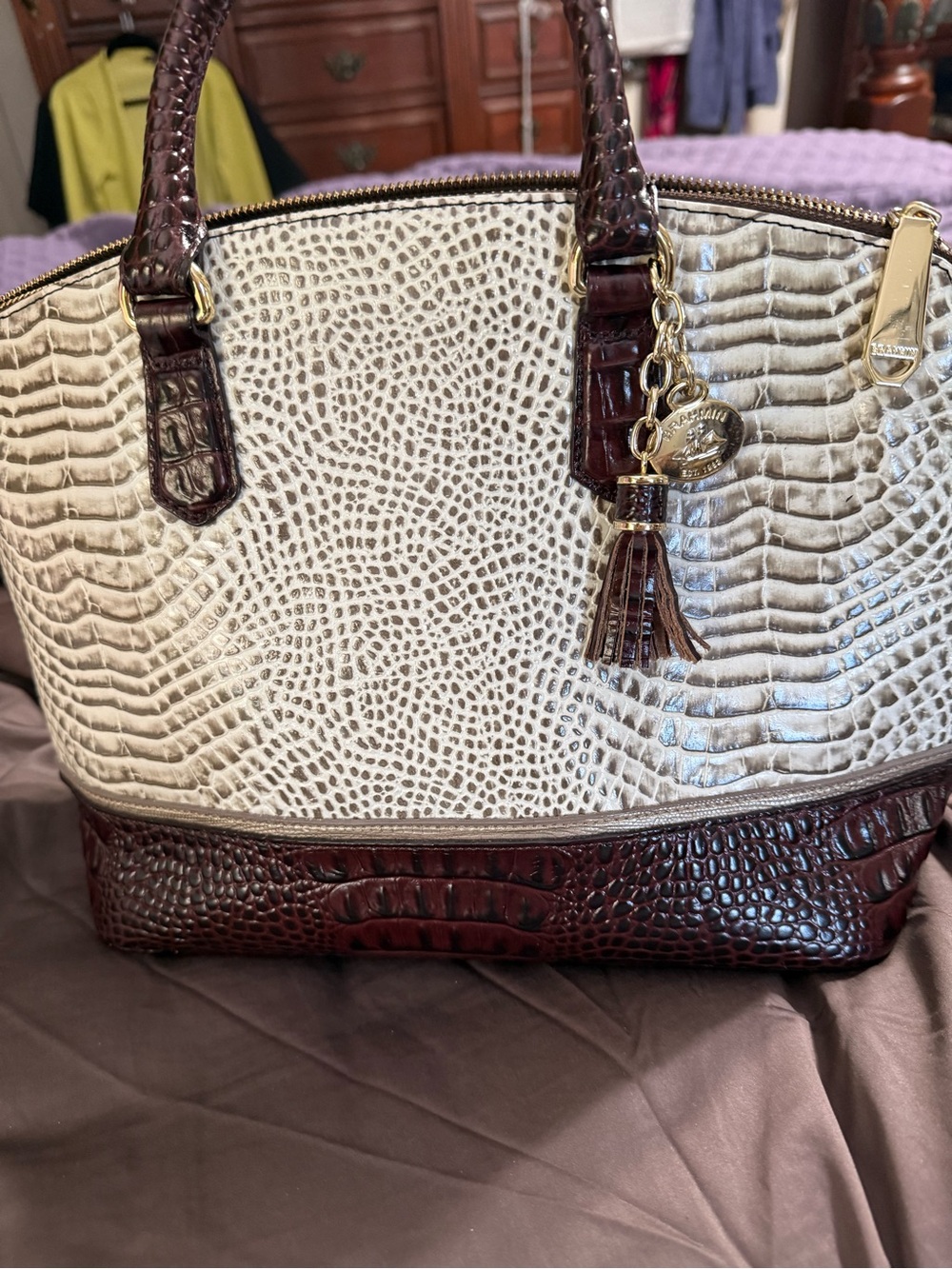 Brahmin Two-Tone Croc-Embossed Satchel in Cream & Dark Brown